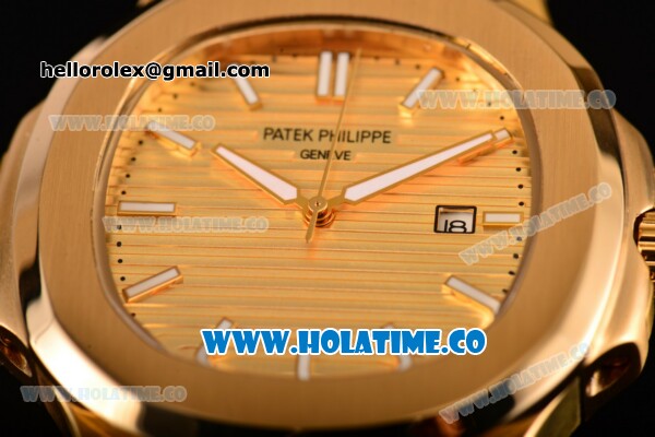 Patek Philippe Nautilus Asia Automatic Yellow Gold Case with Gold Dial Black Leather Strap and Stick Markers - Click Image to Close